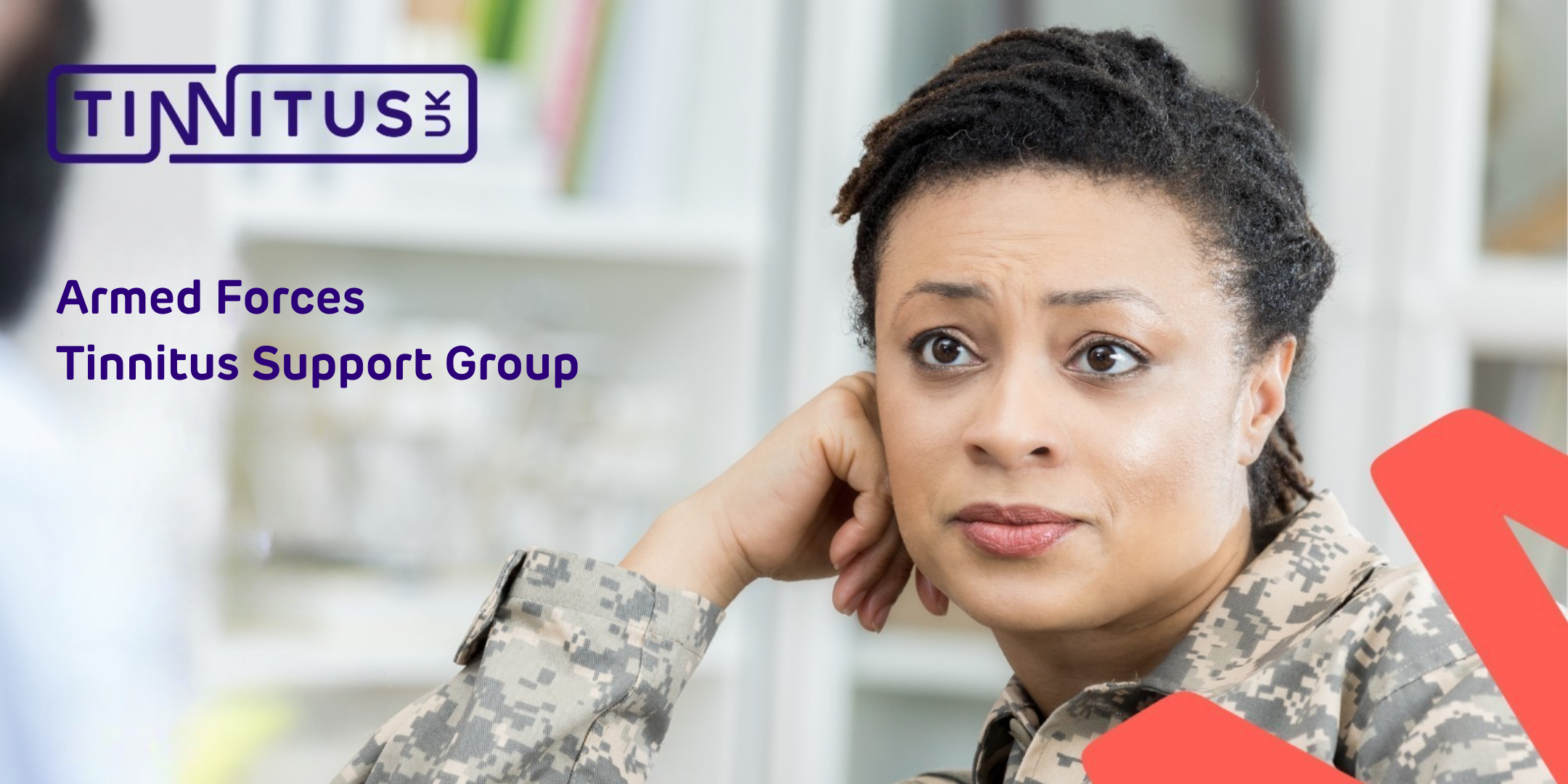 A photo of a woman in armed forces uniform with the words "Armed Forces Tinnitus Support Group"
